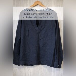 Banana Republic Linen Navy Popover Shirt M Lightweight Long Sleeve